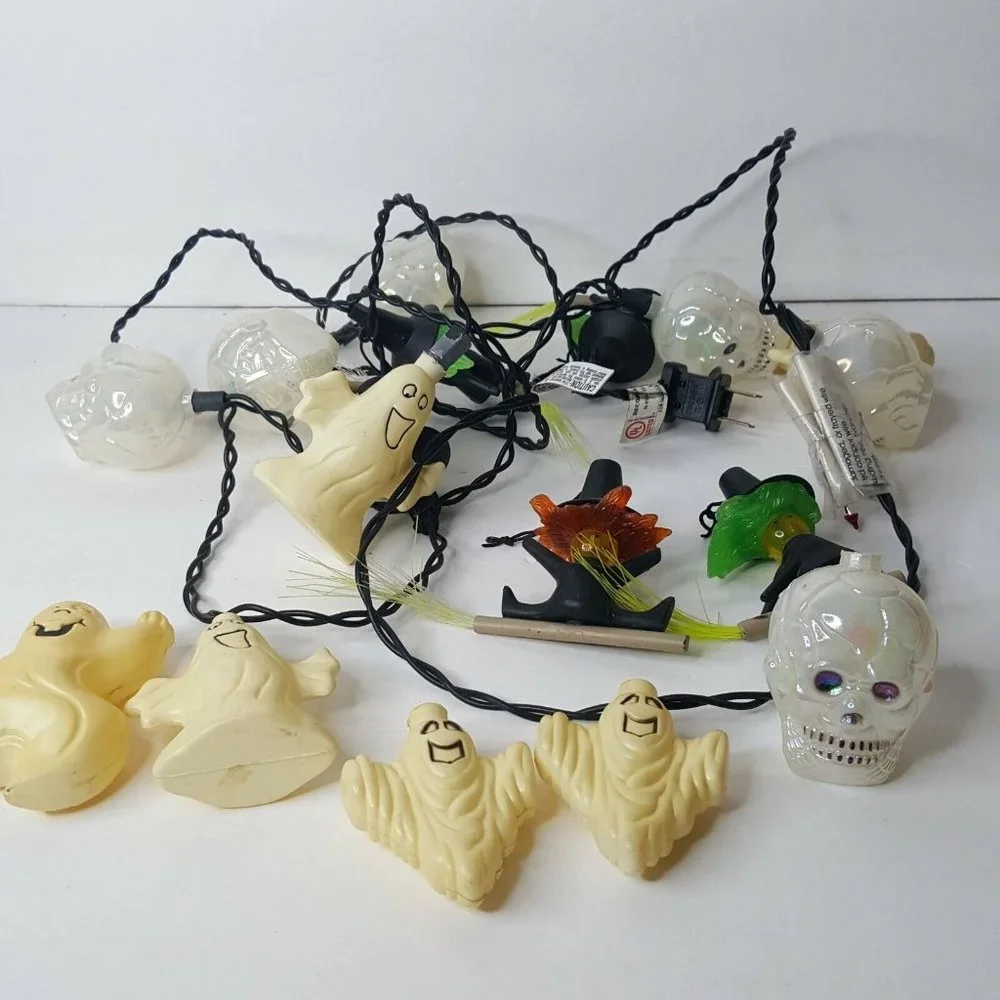 VTG Blow Mold Halloween Party Lights Witch Skull Ghost with Extra Covers